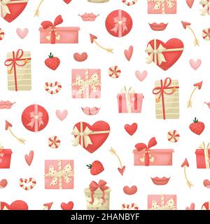 Vector seamless pattern with gift boxes, hearts and lips. Valentine's day background in flat style. Stock Vector