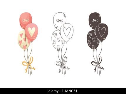 A set of vector illustrations of three balloons with hearts. Valentine's day illustration in outlines, flat and simple style. Stock Vector