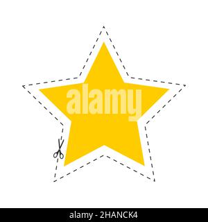 Scissors cutting star shape with dotted outline line. Cut here pictogram for paper discount coupons, vouchers, promo codes. Vector flat illustration. Stock Vector