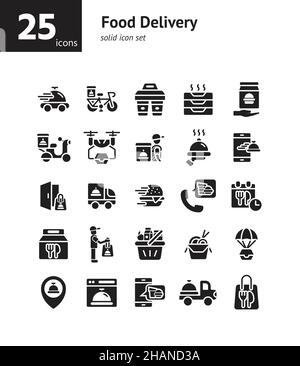 Food Delivery solid icon set. Vector and Illustration. Stock Vector
