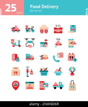 Food Delivery flat icon set. Vector and Illustration. Stock Vector