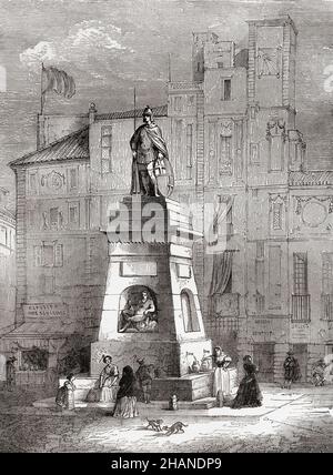 The Old Man's Fountain, or in Spanish, La Fuente del Viejo, “La Font del Vell”, a fountain situated between 1818 - 1880 in Las Ramblas, Barcelona, Catalonia, Spain.  From Cassell's Illustrated History of England, published c.1890. Stock Photo
