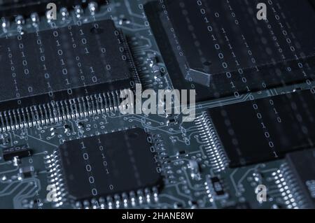 printed circuit board with active and passive surface mounted components close up Stock Photo