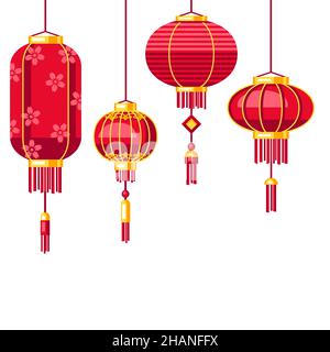 Happy Chinese New Year greeting card with hanging lanterns. Background with talismans and holiday decorations. Asian tradition symbols. Stock Vector