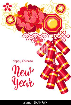 Happy Chinese New Year greeting card. Background with talismans and holiday decorations. Asian tradition symbols. Stock Vector