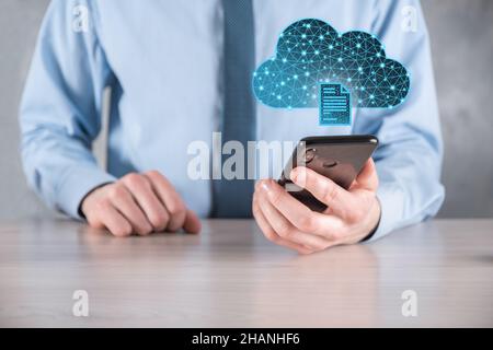 Cloud technology. Polygonal wireframe cloud storage sign with document icon on dark blue. Cloud computing, big data center, future infrastructure, dig Stock Photo