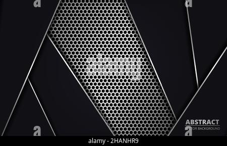 Silver honeycomb textured grid with black shape. Grey metal hexagon carbon fiber abstract background Stock Vector