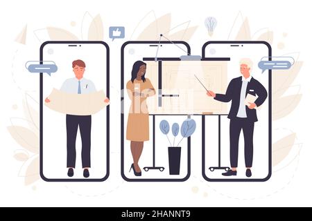 Architect in suit showing architecture project on screens of mobile phones vector illustration. Cartoon professional corporate group of engineers meeting for blueprint presentation of building Stock Vector