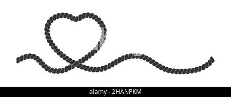 Heart shaped rope string. Black cord isolated on white background. Valentine day design element in vintage nautical style. Vector graphic illustration. Stock Vector