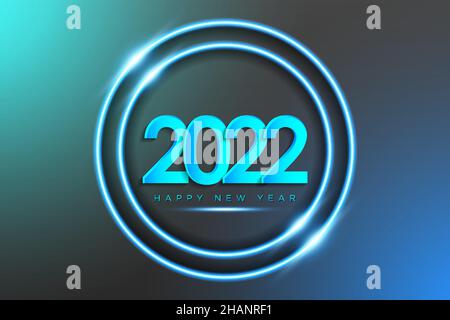 Happy new year 2022 background in realistic neon light style round frame with shining effect for greeting card, poster, banner. Vector illustration. Stock Vector
