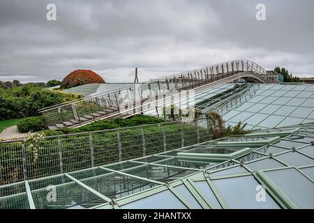 Unique Warsaw University Library Roof Garden,full of different green vegetation,plants,paths,metal bridges and glass roofs.Viewing point of Warsaw Stock Photo