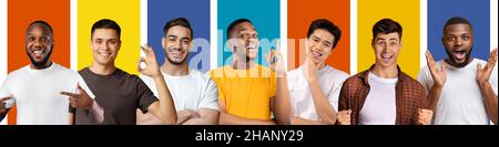 Young diverse men with different emotions on colorful background look at camera Stock Photo