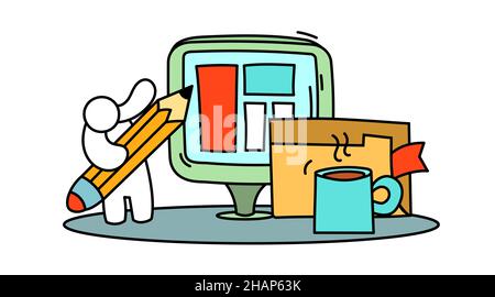 Creative doodle workplace people with computer, little human and coffee. Cute hand drawn teamwork office organization and collaboration. Success coope Stock Vector
