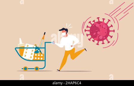 Buy from store panic curfew fear lockdown. Crisis shop health food coronavirus pandemic supplies. People on market quarantine with trolley. Vector ill Stock Vector