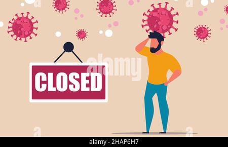 Business restaurant close from coronavirus. Pandemic jobless shop company crisis. Lockdown service entrepreneur. Biohazard public market store. Vector Stock Vector