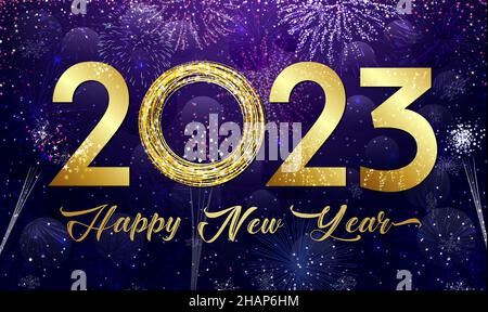 2023 A Happy New Year congrats. Logotype concept in 3D style. Beautiful snowy backdrop. Abstract isolated graphic design template. Decorative numbers Stock Vector