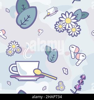 Sleep time vector seamless pattern. Illustration items vector set for good sleep. Good night cartoon pattern wallpaper, wrapping paper purple blue colors. Lavender, chamomile, peppermint illustration. Stock Vector