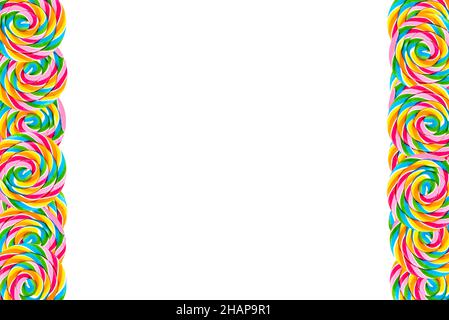 Frame arranged on the right and left side made of multi-colored spiral rainbow lollipops, top view. Stock Photo