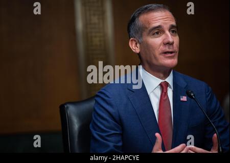 Los Angeles Mayor Eric Garcetti, President Biden's nominee to be Ambassador to India, testifies to the Senate Foreign Relations Committee confirmation hearing, at the U.S. Capitol, in Washington, DC, on Tuesday, December 14, 2021. Today, the full House of Representatives will vote to recommend contempt charges against former White House Chief of Staff Mark Meadows for refusing to testify concerning the January 6th insurrection, as the Senate acts on urgent debt ceiling legislation before a federal default.(Graeme Sloan/Sipa USA) Stock Photo