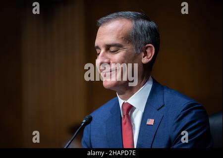 Los Angeles Mayor Eric Garcetti, President Biden's nominee to be Ambassador to India, testifies to the Senate Foreign Relations Committee confirmation hearing, at the U.S. Capitol, in Washington, DC, on Tuesday, December 14, 2021. Today, the full House of Representatives will vote to recommend contempt charges against former White House Chief of Staff Mark Meadows for refusing to testify concerning the January 6th insurrection, as the Senate acts on urgent debt ceiling legislation before a federal default.(Graeme Sloan/Sipa USA) Stock Photo