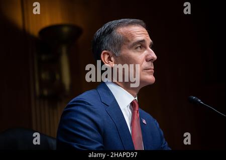 Los Angeles Mayor Eric Garcetti, President Biden's nominee to be Ambassador to India, testifies to the Senate Foreign Relations Committee confirmation hearing, at the U.S. Capitol, in Washington, DC, on Tuesday, December 14, 2021. Today, the full House of Representatives will vote to recommend contempt charges against former White House Chief of Staff Mark Meadows for refusing to testify concerning the January 6th insurrection, as the Senate acts on urgent debt ceiling legislation before a federal default.(Graeme Sloan/Sipa USA) Stock Photo