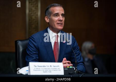 Los Angeles Mayor Eric Garcetti, President Biden's nominee to be Ambassador to India, testifies to the Senate Foreign Relations Committee confirmation hearing, at the U.S. Capitol, in Washington, DC, on Tuesday, December 14, 2021. Today, the full House of Representatives will vote to recommend contempt charges against former White House Chief of Staff Mark Meadows for refusing to testify concerning the January 6th insurrection, as the Senate acts on urgent debt ceiling legislation before a federal default.(Graeme Sloan/Sipa USA) Stock Photo