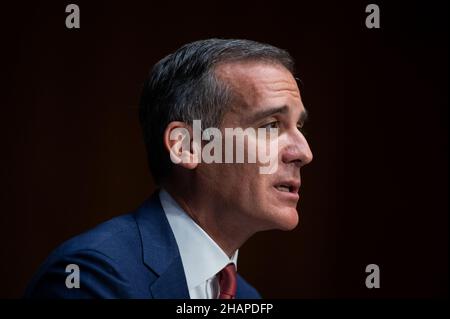 Los Angeles Mayor Eric Garcetti, President Biden's nominee to be Ambassador to India, testifies to the Senate Foreign Relations Committee confirmation hearing, at the U.S. Capitol, in Washington, DC, on Tuesday, December 14, 2021. Today, the full House of Representatives will vote to recommend contempt charges against former White House Chief of Staff Mark Meadows for refusing to testify concerning the January 6th insurrection, as the Senate acts on urgent debt ceiling legislation before a federal default.(Graeme Sloan/Sipa USA) Stock Photo