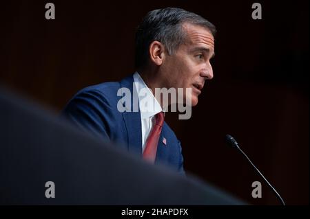 Los Angeles Mayor Eric Garcetti, President Biden's nominee to be Ambassador to India, testifies to the Senate Foreign Relations Committee confirmation hearing, at the U.S. Capitol, in Washington, DC, on Tuesday, December 14, 2021. Today, the full House of Representatives will vote to recommend contempt charges against former White House Chief of Staff Mark Meadows for refusing to testify concerning the January 6th insurrection, as the Senate acts on urgent debt ceiling legislation before a federal default.(Graeme Sloan/Sipa USA) Stock Photo