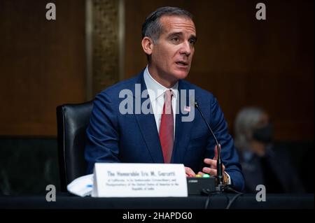 Los Angeles Mayor Eric Garcetti, President Biden's nominee to be Ambassador to India, testifies to the Senate Foreign Relations Committee confirmation hearing, at the U.S. Capitol, in Washington, DC, on Tuesday, December 14, 2021. Today, the full House of Representatives will vote to recommend contempt charges against former White House Chief of Staff Mark Meadows for refusing to testify concerning the January 6th insurrection, as the Senate acts on urgent debt ceiling legislation before a federal default.(Graeme Sloan/Sipa USA) Stock Photo