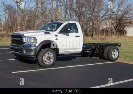 Kokomo - Circa December 2021: Ram 5500 Heavy Duty Chassis Cab on display at a Stellantis Ram dealership. The Ram 5500 is available as a Tradesman or X Stock Photo