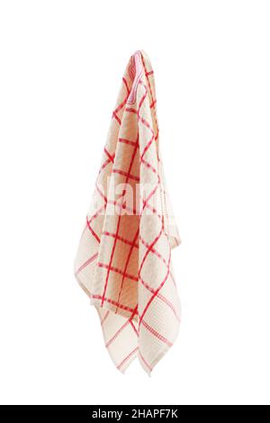 Red kitchen towel soars in the air on a white background Stock Photo