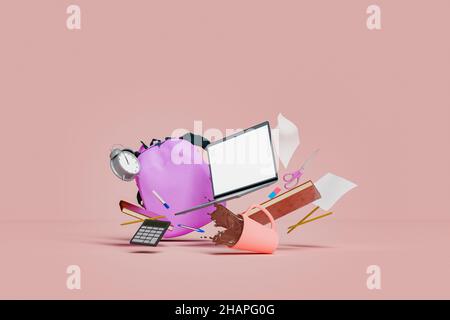 school supplies with laptop and coffee cup floating in the air. concept of education, stress, study and learning. 3d rendering Stock Photo