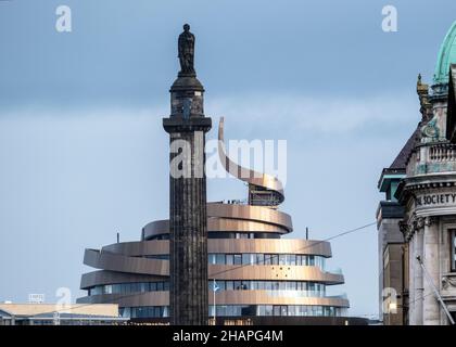 A view looking east along George Street towards the Melville Monument and the new St James Quarter Hotel, Edinburgh, UK. Stock Photo