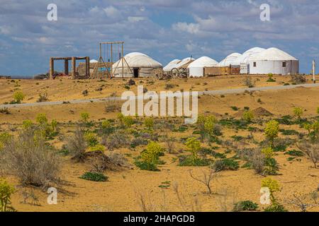 Yurt camp near Ayaz Qala fortress in Kyzylkum desert, Uzbekistan Stock Photo