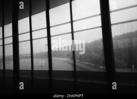 View on Moscow river through dirty metro windows Stock Photo