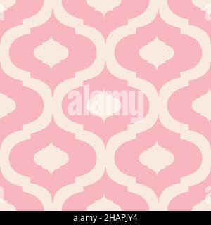 Roman ogee abstract vector seamless pattern background with elongated shapes. Elegant geometric backdrop in pink and cream. Modern symmetrical style Stock Vector