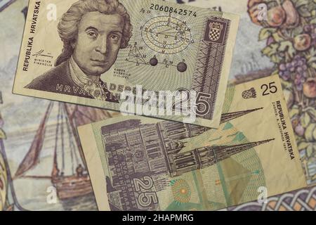 Top view of Croatian Dinar banknotes from the early 90s Stock Photo