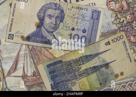 Top view of Croatian Dinar banknotes from the early 90s Stock Photo