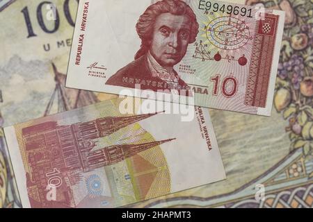 Top view of Croatian Dinar banknotes from the early 90s Stock Photo