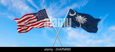 two flags of USA and state of South Carolina waving in the wind on flagpoles against sky with clouds on sunny day. 3d illustration Stock Photo