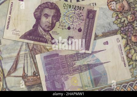 Top view of Croatian Dinar banknotes from the early 90s Stock Photo