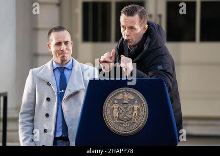 New York, USA. 14th Dec, 2021. NYCFC manager Ronny Deila speaks during the NYCFC MLS Cup victory celebration ceremony at City Hall in New York, USA. Credit: Chase Sutton/Alamy Live News Stock Photo