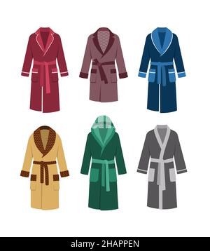 Men home clothes bathrobes different styles. Male homewear collection, vector flat illustration. Comfortable clothes to wear at home. Soft cozy cotton Stock Vector
