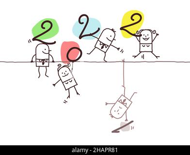 hand drawn Cartoon Men and Women on a wire, with 2022 sign Stock Vector