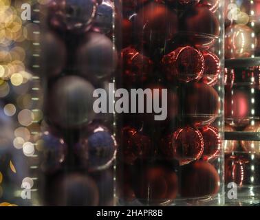 Christmas balls baubles decor for Xmas tree closeup on store shelf packed in packages. Stock Photo