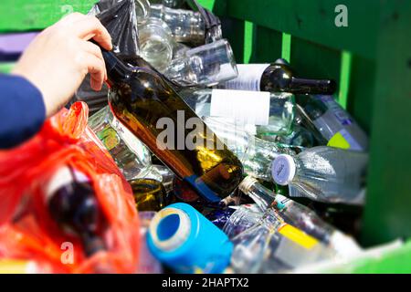 Glass jars and bottles collected for recycling. Environmental protection Stock Photo