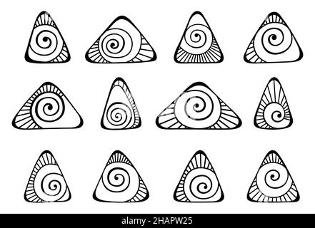 Set of hand drawn various triangles shapes with spirals inside, doodle design elements. Abstract vector shapes, isolated on white background. Stock Vector