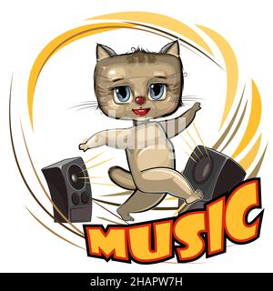 Cute Cat dancing. Cartoon style. Loud music from speakers. Dance of a funny Kitten animal child. Illustration for children. Isolated over white backgr Stock Vector