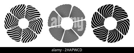 Set of three abstract round, circular geometric ornament, striped geometric elements. Decorative patterns isolated on white background. Vector. Stock Vector