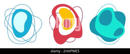 Set of 3 abstract liquid flat geometric shapes in blue, red, yellow, turquoise colors. Dynamical forms with lines, isolated on white background. Stock Vector